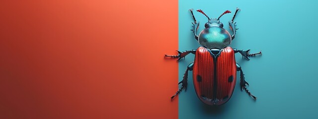  A red-and-blue beetle sits atop a blue-and-red wall, adjacent to another red-and-blue wall