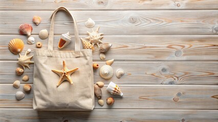 Wall Mural - Natural beige canvas tote bag surrounded by seashells and laid on light wood background, perfectly capturing the essence of a serene summer holiday atmosphere.