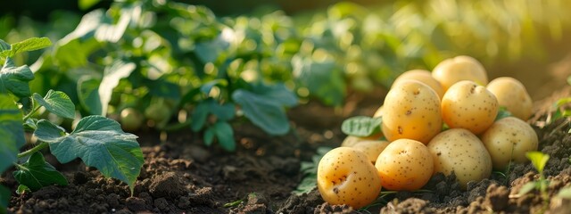 Wall Mural -  A mound of potatoes atop a patch of earth beside a verdant, leafy plant in a field