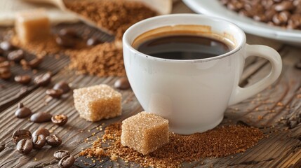 Wall Mural - Coffee cup with brown sugar placed on a wooden surface