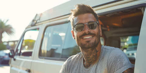 portrait of a handsome and stylish man in tattoos and black glasses next to a car