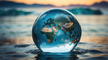 Wall Mural - A glass ball with the world on it on water