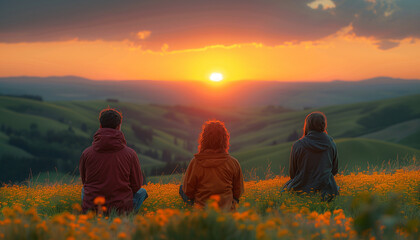 Wall Mural - family in the mountains at sunset