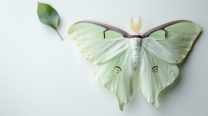 Wall Mural - Luna Moth with Leaf on White Background