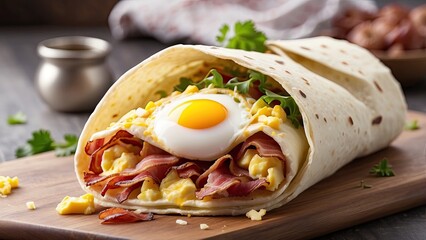 Potatoes, bacon and eggs in a breakfast burrito