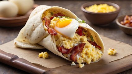 Wall Mural - Potatoes, bacon and eggs in a breakfast burrito