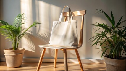 Wall Mural - Empty white canvas tote bag mockup on a chair, basking in warm sunlight, conveying an eco-friendly concept, perfect for display designs and sustainable branding visuals.