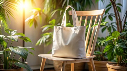 Wall Mural - Empty white canvas tote bag mockup on a chair, basking in warm sunlight, conveying an eco-friendly concept, perfect for display designs and sustainable branding visuals.