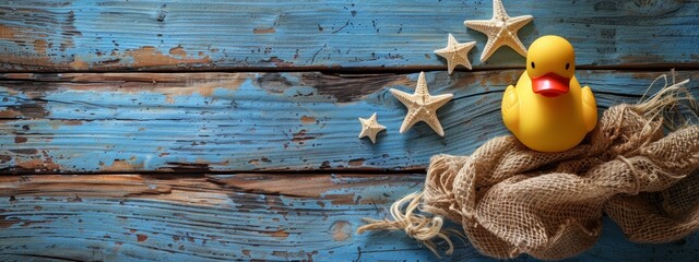 Wall Mural -  A rubber duck atop a burlap sack against a blue wooden backdrop, speckled with stars