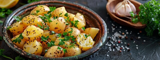 Wall Mural -  A black surface holds a bowl of potatoes, generously seasoned and surrounded by lemon wedges and parsley