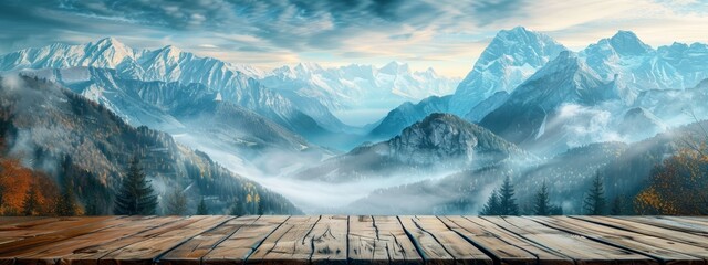 Wall Mural -  A painting of a mountain range with a wooden table in the foreground and a cloudy sky in the background
