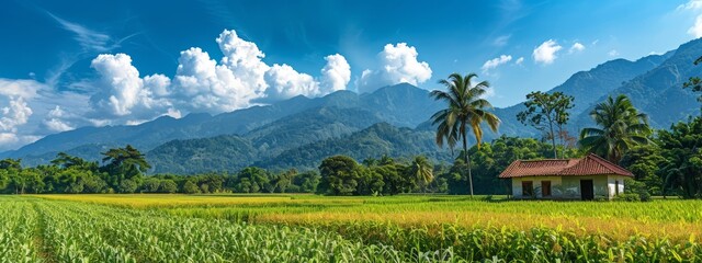Wall Mural -  A house sits in a verdant field, surrounded by lush greenery Mountains loom in the distance, and a blue sky adorned with wispy clouds completes the scene