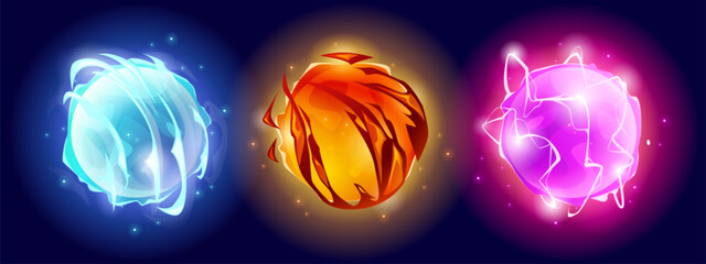 Wall Mural - magic energy ball with fire. pink game power orb. crystal sphere and fireball neon element sparkle g
