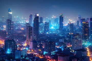 Wall Mural - A magnificent and beautiful night view of a big city, with buildings big and small emitting colorful lights.