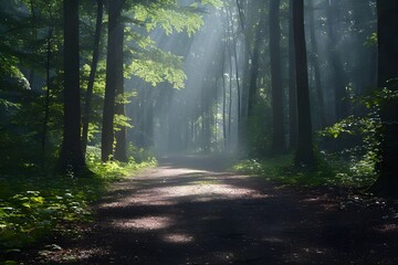 A path in the forest lined with tall, beautiful trees in the sunlight