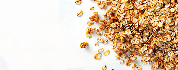 Wall Mural - Close-up of a pile of oat flakes mixed with crunchy cereal crisps, isolated on a white background