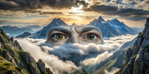 Wall Mural - Mountain landscape with giant hungry eyes staring down from above, macro photography, microscopic, epic, landscape, mountains