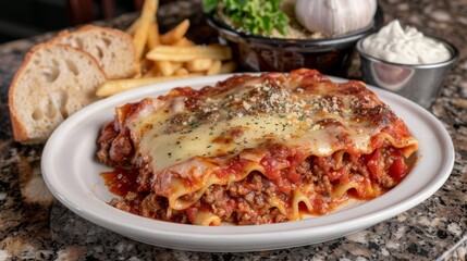 Wall Mural - Delicious homemade lasagna on a plate with side dishes