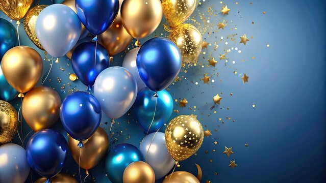 Festive holiday celebration background with blue and gold balloons, party, decorations, festive, cheerful, balloons, celebration