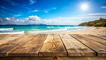 Wall Mural - Weathered rustic wooden table on a blurred beach background, perfect for summer product display or travel ad, with customizable space on the table top.