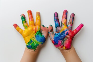 colorful painted child cute hands on white background