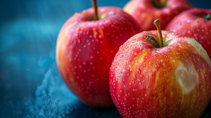 Wall Mural - Close-up of fresh red apples with water droplets on a blue background, symbolizing healthy eating and freshness.