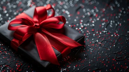 Wall Mural - Christmas gifts wrapped in black paper with a red silk ribbon on a black background with confetti. New Year Christmas. Place for text. Copy space