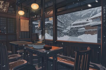 Enjoying a warm bowl of ramen in a cozy noodle shop amidst snowfall, cozy vibe, Generative AI