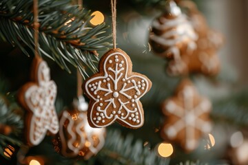 Scandinavian Christmas gingerbread with white icing in the shape of snowflakes and balls. Advertising of Christmas and New Year baking. Card for family or New Year with sweet cookies.