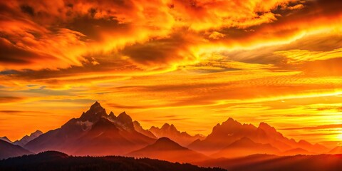 Wall Mural - Vibrant orange sunset casting a warm glow over the towering mountains , sunset, mountains, landscape, dramatic sky, nature
