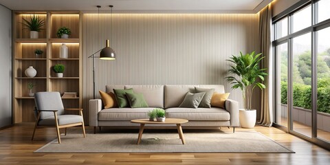 Wall Mural - Modern living room featuring a minimalist sofa and stylish interior design , spacious, contemporary