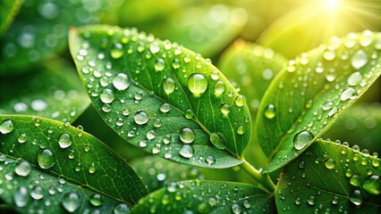 Wall Mural - Closeup of fresh green leaves with morning dew, showcasing natural beauty, morning dew, water drops, closeup, leaves, green