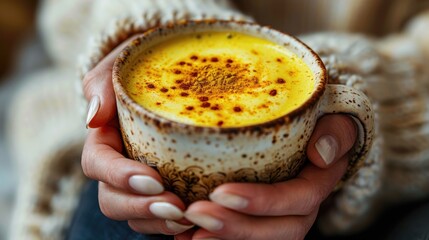 close up of a person holding a mug of turmeric latte with a sprinkle of cinnamon, wearing a cozy swe