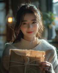 Poster - portrait of a girl with a gift box at home