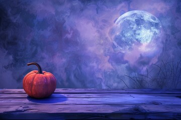 Halloween Table - Old Wooden Plank With Orange Pumpkin In Purple Landscape With Moonlight, HD, realistic, copy space, Generative ai