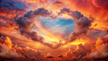 Wall Mural - Dreamy heart shape formed by fluffy clouds in fiery red sky of a summer sunset, dreamy, heart shape, fluffy clouds