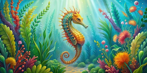 Sea horse surrounded by vibrant aquatic plants in a detailed illustrative style, sea horse, aquatic plants