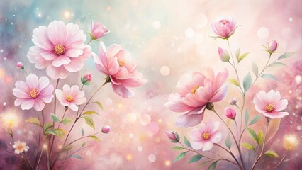Delicate pink watercolor flower blooms against a soft, dreamy background, perfect for romantic banner, postcard, or book illustrations, created with ai tools.