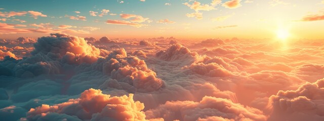  The sun radiates brilliantly above clouds in this computationally created sunset scene over a cloudy sea