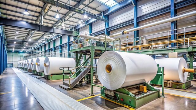 A paper mill with machinery and equipment producing paper products , industry, manufacturing, factory, production