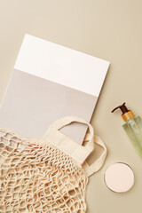 Wall Mural - Stack of paper and fabric bag, blank objects for placing your design