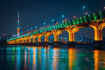 Wall Mural - Night view of the city filled with colorful lights of bridges and large buildings illuminated by colorful lights