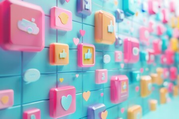 Aufkleber - A digital illustration of social media icons on a blue wall. The icons are colorful and 3D, giving the image a playful and modern feel. Generative AI