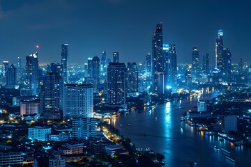 Wall Mural - The night view on a blue background features large and diverse illuminated buildings and buildings in a city with a large river passing by.