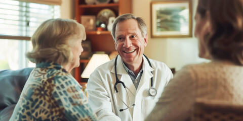 Wall Mural - Smiling doctor with a phonendoscope sits opposite an elderly patient