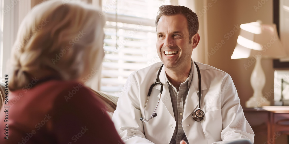 Smiling doctor with a phonendoscope sits opposite an elderly patient ...