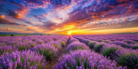 Wall Mural - Lavender flower field under a vivid sunset sky, lavender, flowers, field, sunset, purple, sky, nature, beauty, landscape
