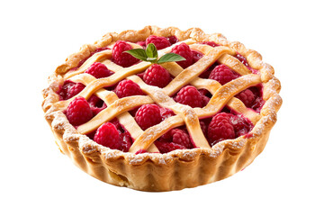 Freshly baked raspberry pie with a stunning lattice crust isolated on white transparent background