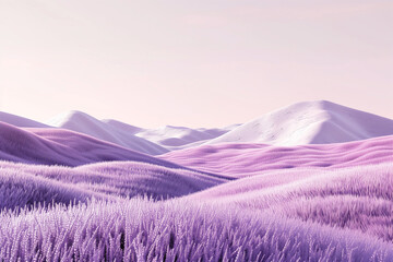 light pink surreal minimalist infrared landscape. Mountains and grass field cosmetics product display background. Empty space product showcase on valley