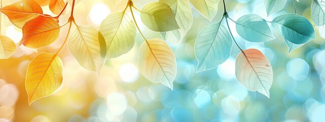 Wall Mural -  A tight shot of tree leaves' textures on a branch, surrounded by a hazy backdrop of blues, greens, yellows, and oranges